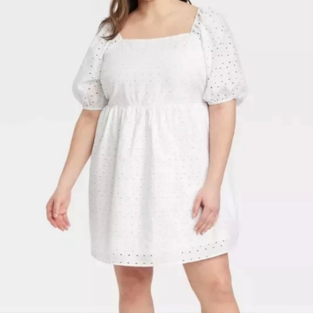 NEW a new day Eyelet Puff Sleeve Smocked Cut Out Back Dress Size 4X
